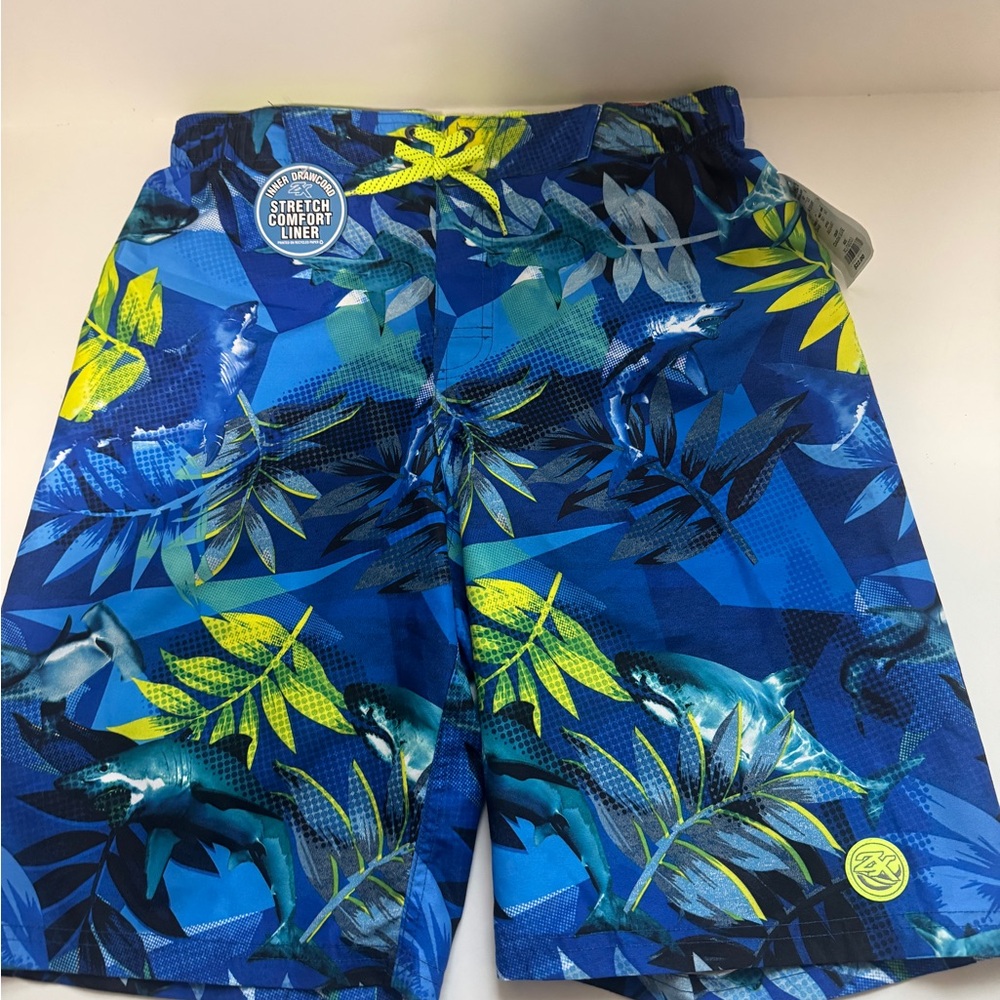 Zeroxposure Young Mens XL (18/20) Blue/Yellow Shark Cargo Swim Trunks